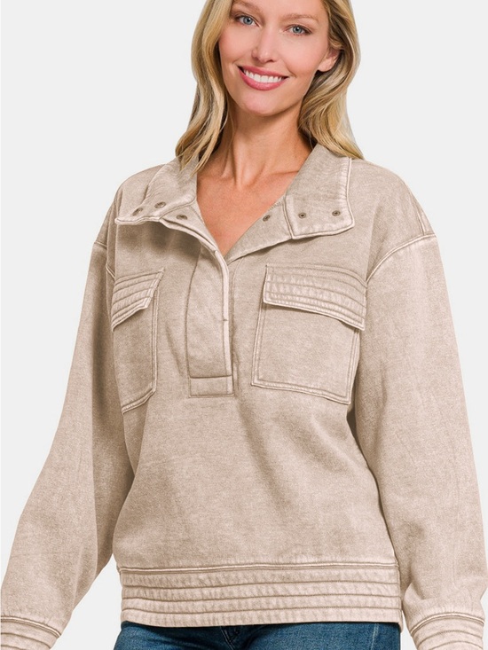 Zenana Outfitters Tops - Zenana Acid Washed Half Snap Fleece Sweatshirt - Ash Mocha